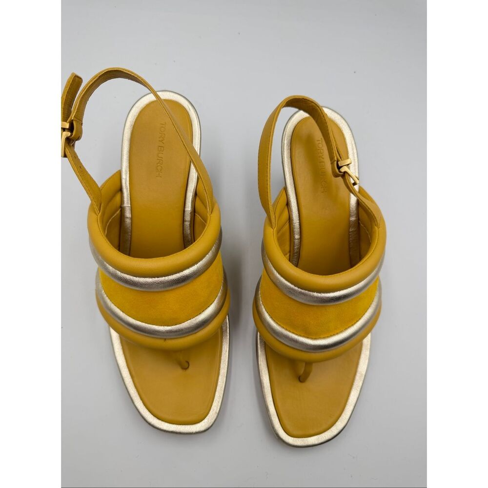 Tory Burch Yellow Metallic Puffy Leather Wedge Sandal Slingback Open Toe Size 9M - Picture 3 of 12